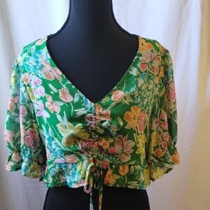 En Creme Floral V-Neck Blouse - Green, Pink, Yellow